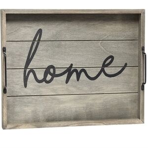 Rustic Gray Wooden Tray with 'Home' Script